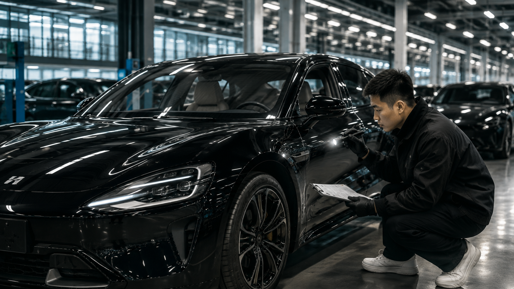 Проверка нового автомобиля Xiaomi SU7 перед отправкой из Китая в Россию на экспортной площадке.