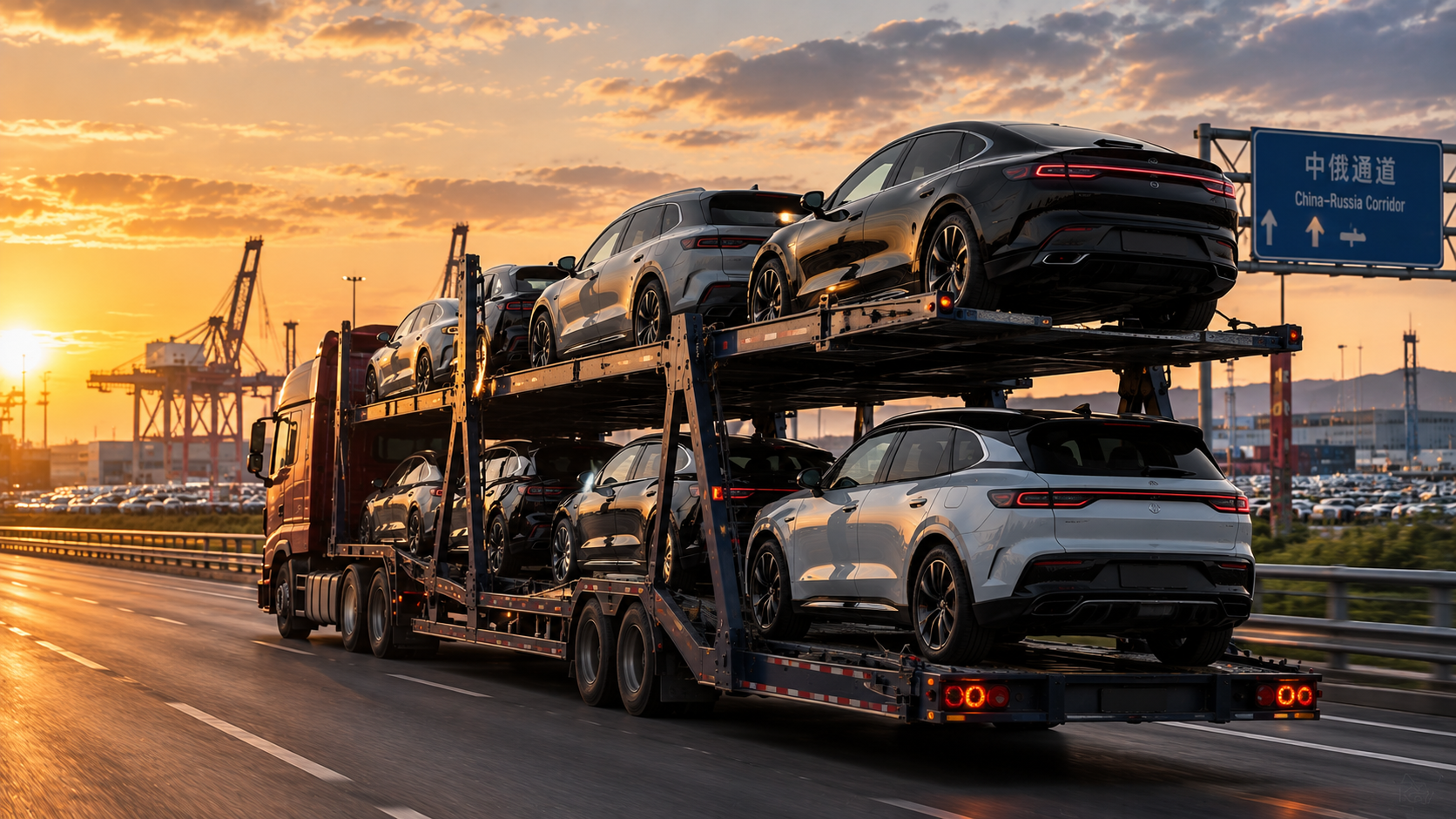 Автовоз с новыми автомобилями из Китая во время доставки в Россию