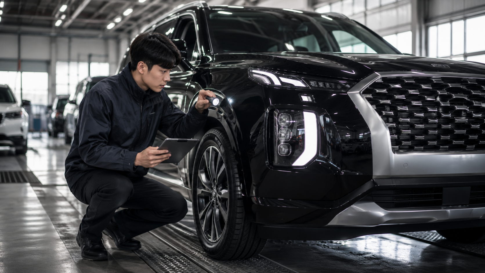 Профессиональная проверка автомобиля Hyundai Palisade перед экспортом из Южной Кореи