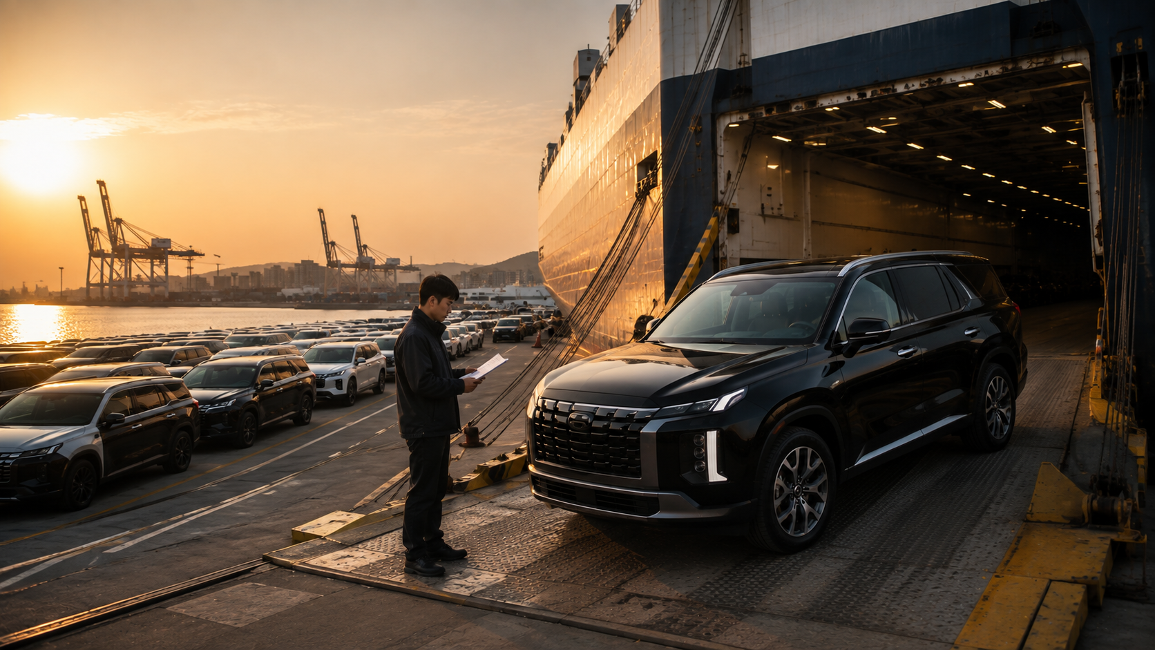 Погрузка автомобиля Hyundai Palisade на судно для доставки из Южной Кореи в Россию